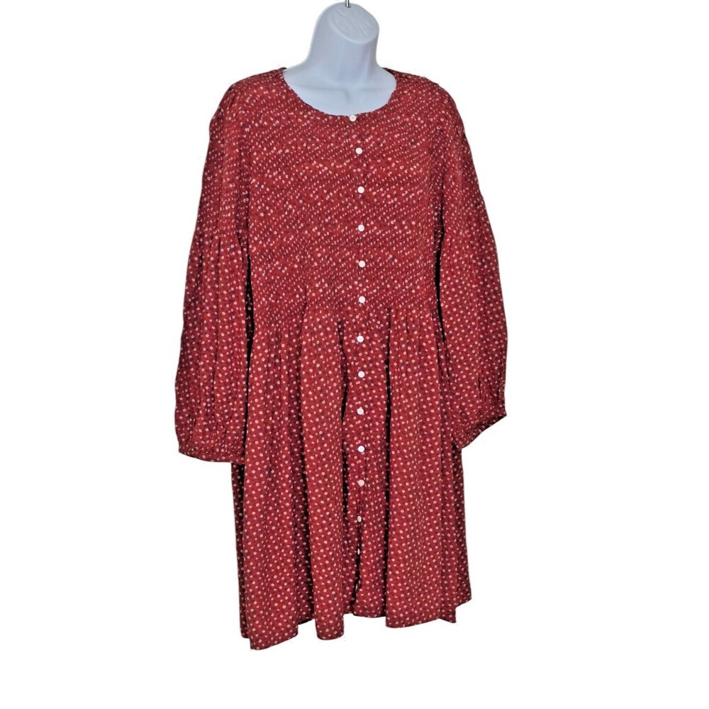 Madewell Challis Button Front Mini Dress Tiny Daisy Red Smocked XXL - Picture 2 of 8